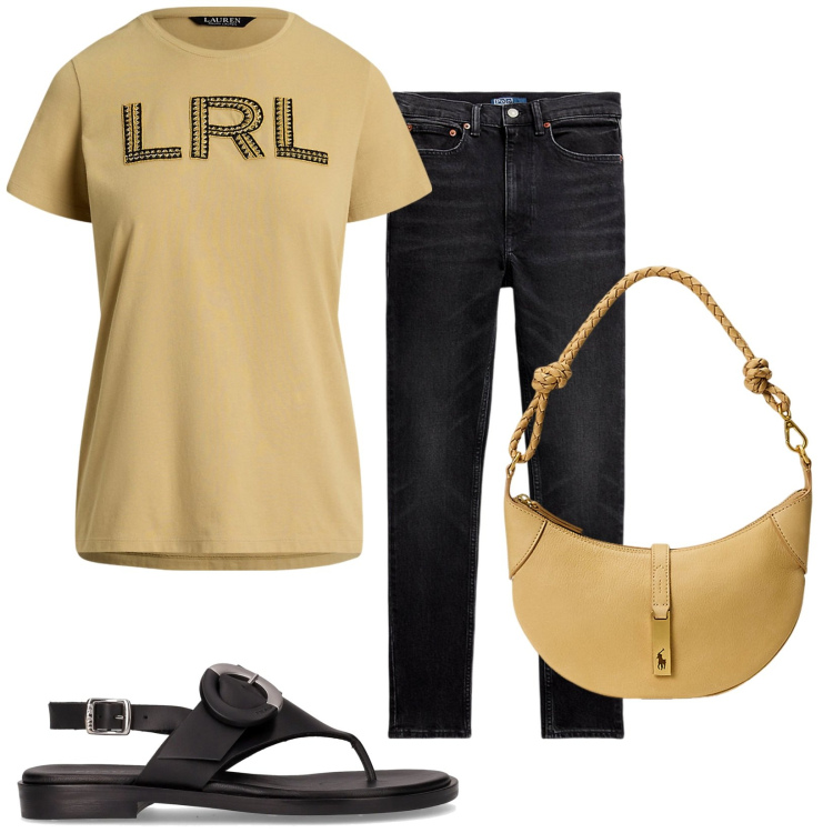 Outfit donna - Total look #2219484. Stile Basic per Tutti i giorni. Abbinamento con t-shirt, borse a spalla, jeans slim fit, ciabatte.