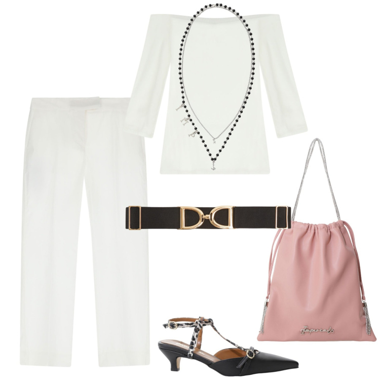 Outfit donna - Stile Capri. Stile Casual chic per Tutti i giorni. Abbinamento con cinture, collane, décolleté, borse a secchiello, bluse, pantaloni.