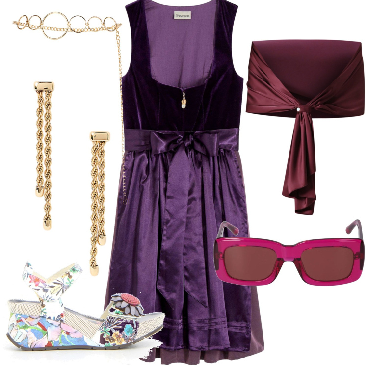 Outfit donna - Serata chic. Stile Chic per Cerimonia. Abbinamento con vestiti midi/longuette, scialli, cinture, orecchini, occhiali da sole, sandali.