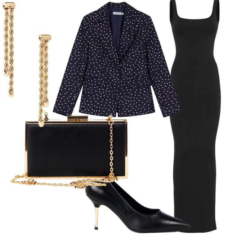 Outfit donna - Evento. Stile Glamour per Serata fuori. Abbinamento con décolleté, pochette, blazer, orecchini, vestiti lunghi.