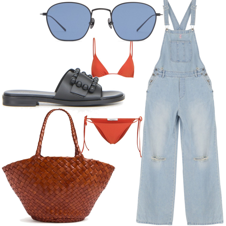Outfit donna - A beach is always a good idea. Stile Casual chic per Mare. Abbinamento con salopette, shopping bag, ciabatte, occhiali da sole, bikini.