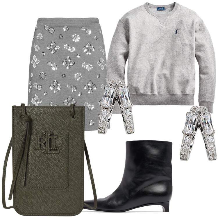 Outfit donna - Montagna sportiva elegante. Stile Sporty chic per Tutti i giorni. Abbinamento con orecchini, borse a tracolla, pullovers, minigonne, stivaletti.