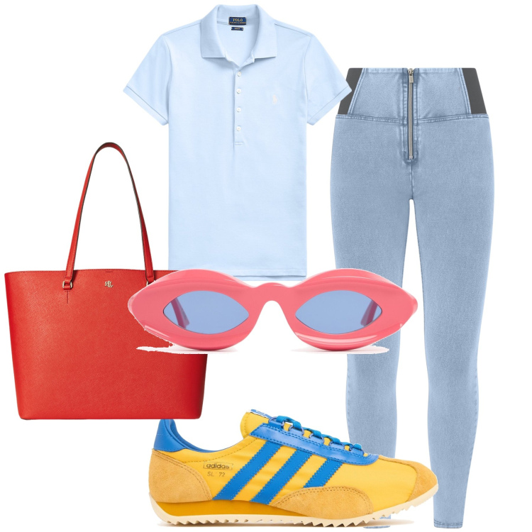 Outfit donna - Al parco e a colori. Stile Trendy per Tutti i giorni. Abbinamento con jeggings, polo, borse tote, occhiali da sole, sneakers.