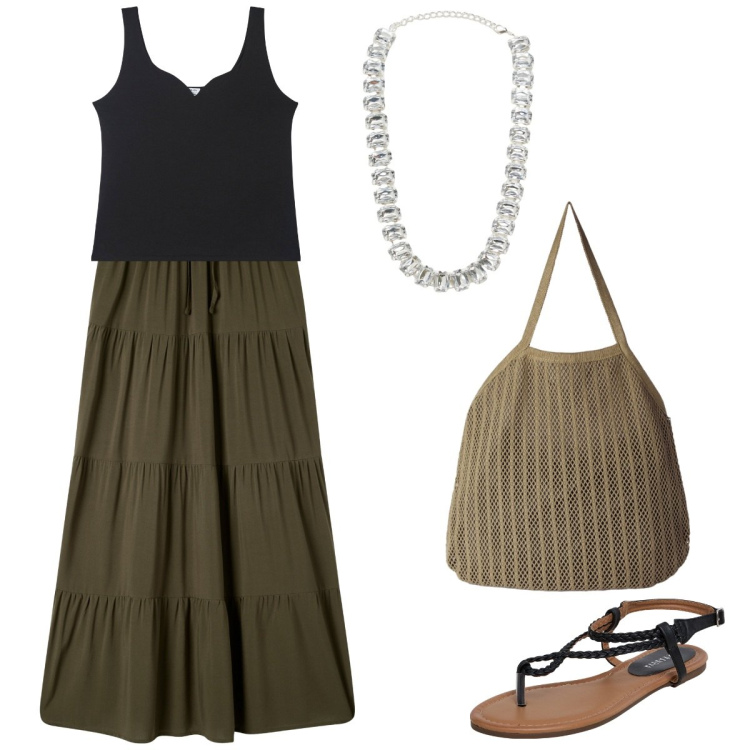 Outfit donna - Semplice e leggero. Stile Boho per Serata fuori. Abbinamento con gonne lunghe, canottiere, ciabatte, borse tote, collane.