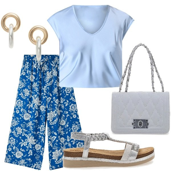 Outfit donna - Serate estive tra amici. Stile Casual chic per Serata fuori. Abbinamento con pantaloni a palazzo, bluse, orecchini, sandali, borse a tracolla.