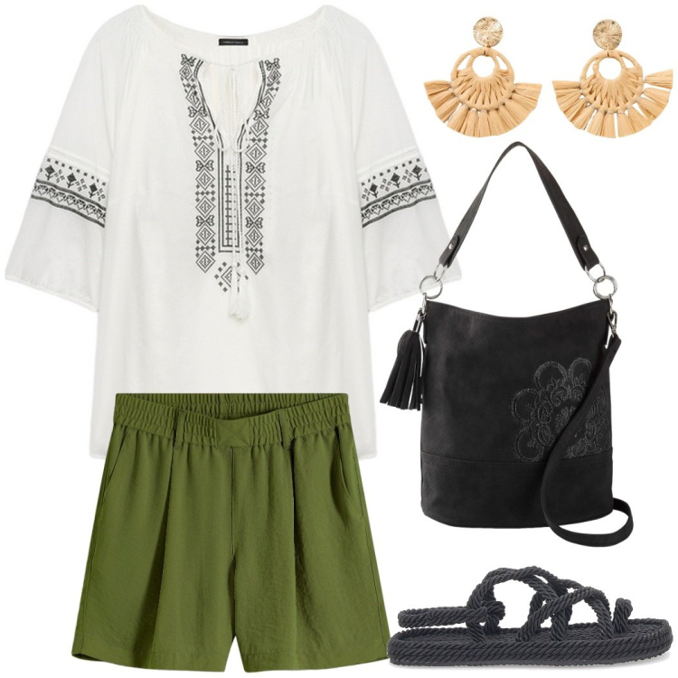 Outfit donna - In vacanza. Stile Boho per Tutti i giorni. Abbinamento con borse a mano, orecchini, bermuda, sandali, bluse.