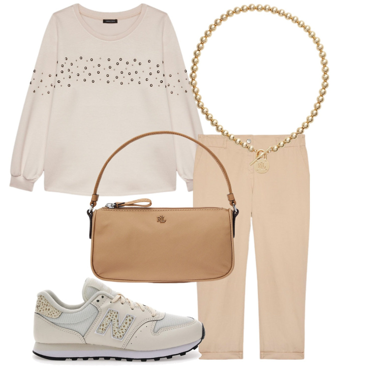 Outfit donna - Alla sera. Stile Chic per Tutti i giorni. Abbinamento con collane, pochette, felpe, sneakers, pantaloni.