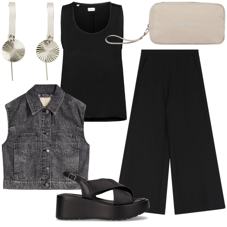 Outfit donna - Total look #2219512. Stile Urban per Tutti i giorni. Abbinamento con gilet, orecchini, pantaloni, valigie, top, sandali.