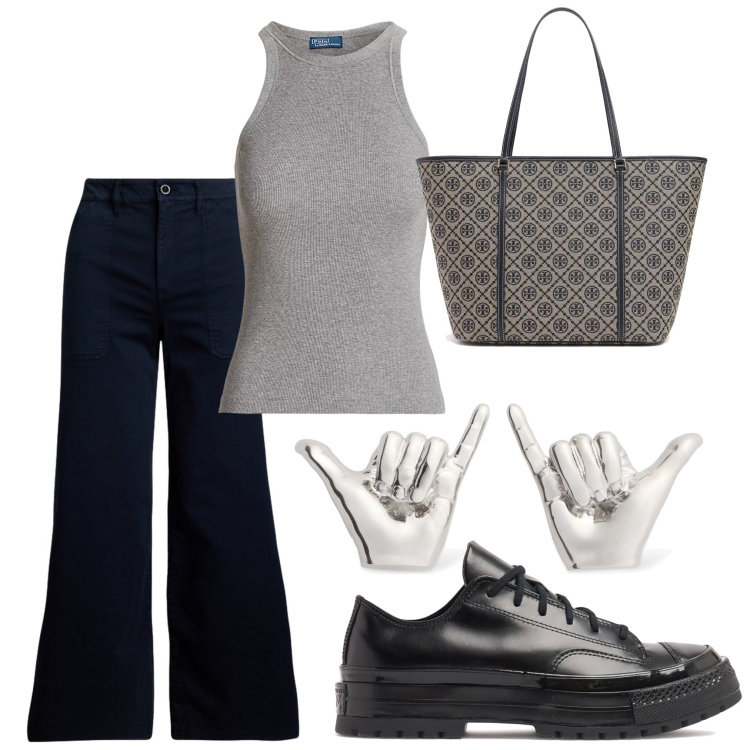 Outfit donna - Un giorno qualunque. Stile Urban per Tutti i giorni. Abbinamento con canottiere, pantaloni, orecchini, shopping bag, sneakers.