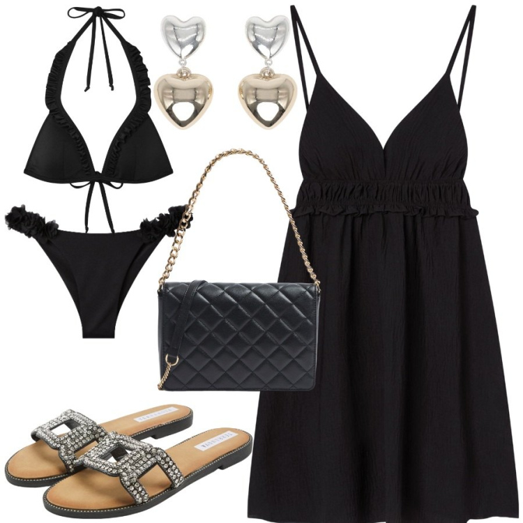 Outfit donna - Terranova - Vacanze in Riviera. Stile Glamour per Mare. Abbinamento con vestiti corti, ciabatte, bikini, bikini, orecchini, borse a tracolla.