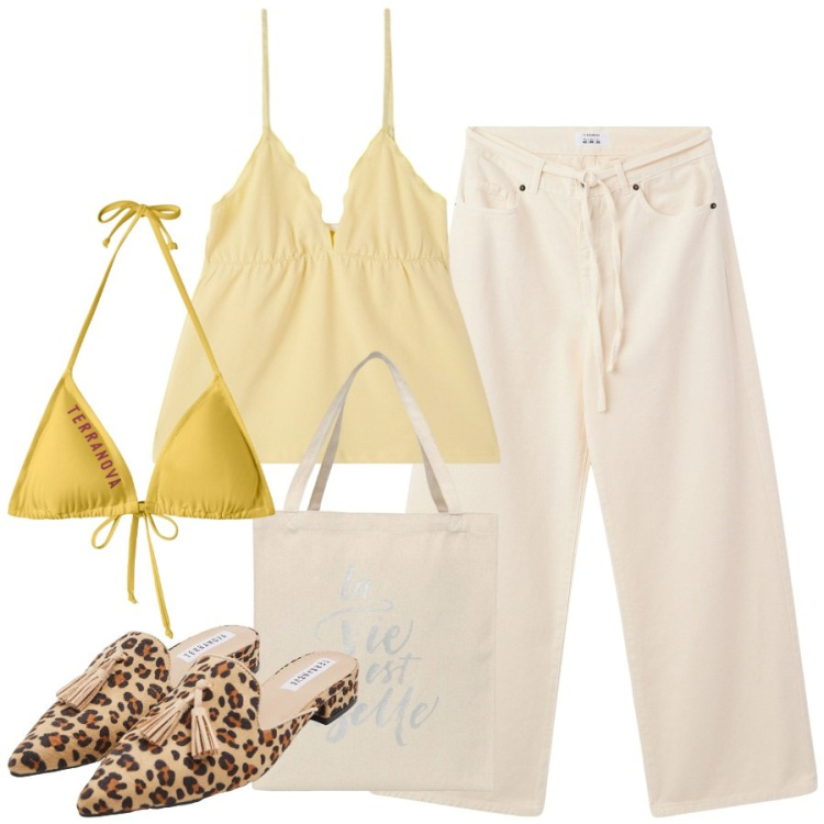 Outfit donna - Terranova - Vacanze in Riviera. Stile Romantica per Mare. Abbinamento con sabot, canottiere, bikini, borse tote, pantaloni.