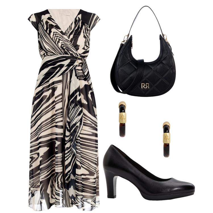 Outfit donna - Una domenica sera. Stile Casual chic per Serata fuori. Abbinamento con décolleté, borse a tracolla, vestiti, orecchini.