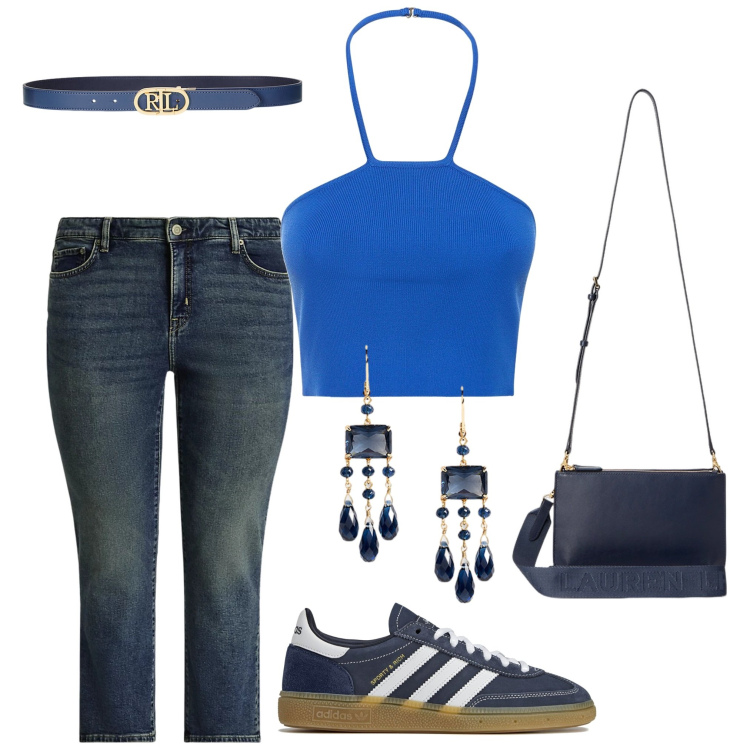 Outfit donna - Comoda con le Adidas. Stile Urban per Tutti i giorni. Abbinamento con cinture, borse a tracolla, jeans dritti, orecchini, top, sneakers.