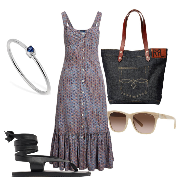 Outfit donna - Semplice outfit. Stile Boho per Tutti i giorni. Abbinamento con borse tote, occhiali da sole, vestiti, anelli, sandali in pelle.