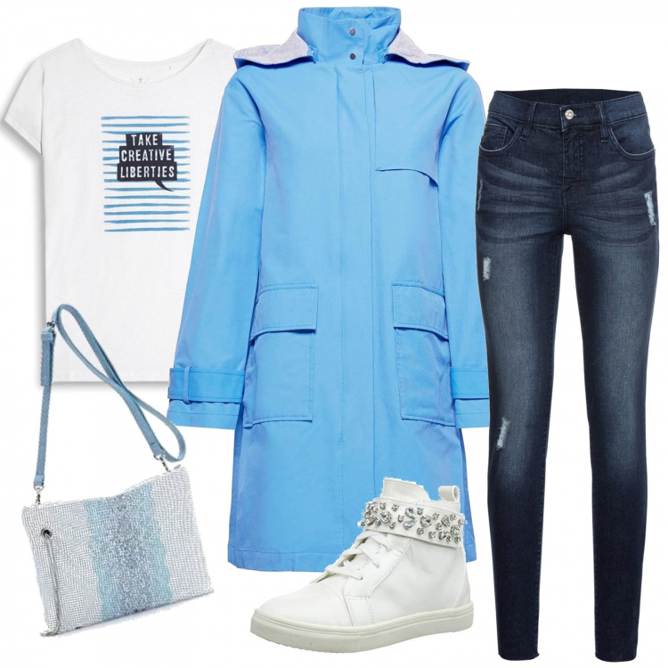 Outfit donna - Semplice con strass. Stile Urban per Tutti i giorni. Abbinamento con jeans strappati, top con fasce, giubbotto blu, t-shirt con stampa bianco, pochette.