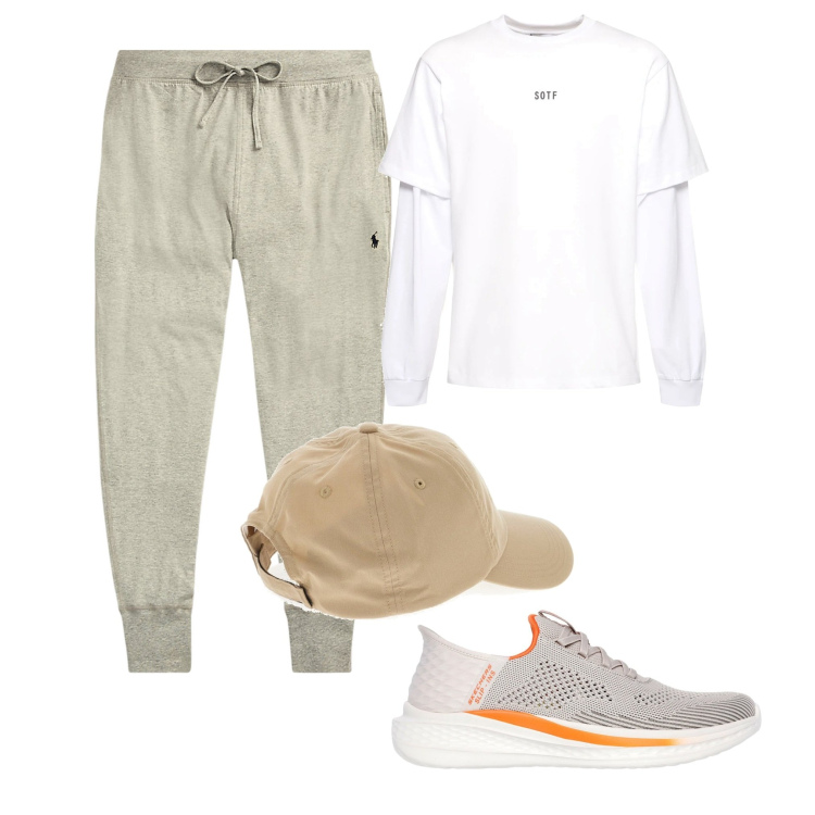 Outfit uomo - In tuta. Stile Casual per Tutti i giorni. Abbinamento con pantaloni, sneakers, cappelli, t-shirt.
