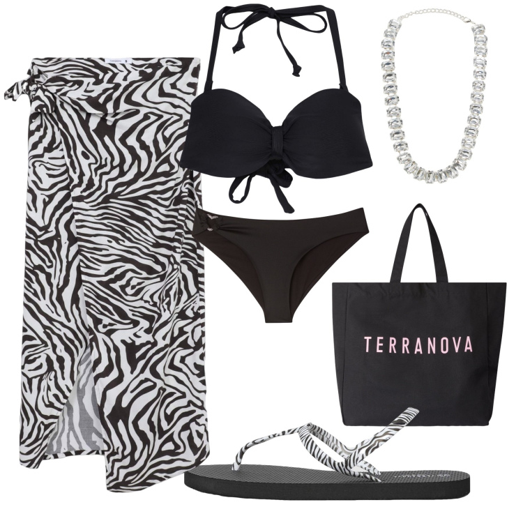 Outfit donna - Un’uscita in barca. Stile Casual chic per Mare. Abbinamento con bikini, borse tote, vestiti da spiaggia, collane, sandali, bikini.
