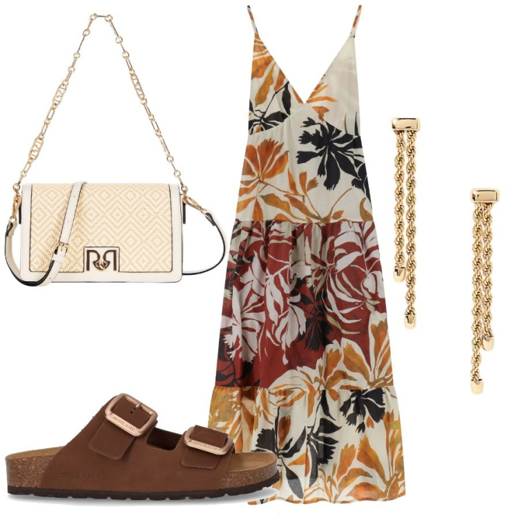 Outfit donna - Eleganza rilassata con abiti lunghi. Stile Chic per Mare. Abbinamento con borse a tracolla, vestiti lunghi, orecchini, ciabatte.