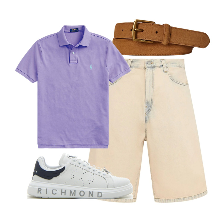 Outfit uomo - La t-shirt viola. Stile Casual per Tutti i giorni. Abbinamento con polo, cinture, sneakers, shorts.