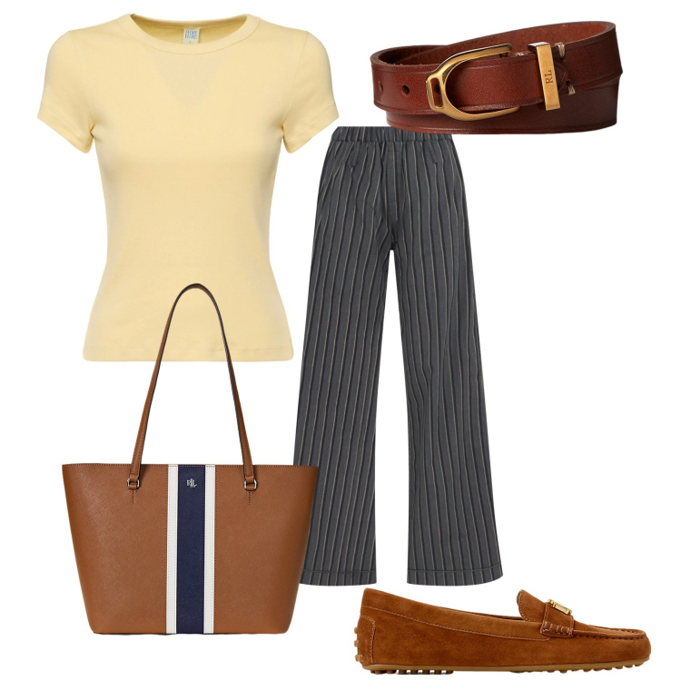 Outfit donna - Un giro con l\'amica. Stile Casual per Tutti i giorni. Abbinamento con mocassini, braccialetti, borse tote, pantaloni, t-shirt.