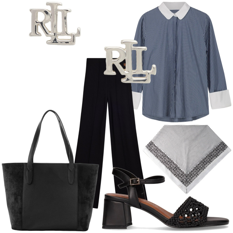 Outfit donna - Estate al lavoro. Stile Urban per Ufficio. Abbinamento con shopping bag, pantaloni, orecchini, camicie, foulard, sandali col tacco.