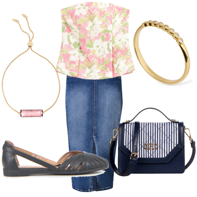 Outfit donna - Pizza e tubino. Stile Glamour per Serata fuori. Abbinamento con borse a mano, gonne longuette, top, braccialetti, anelli, ballerine.
