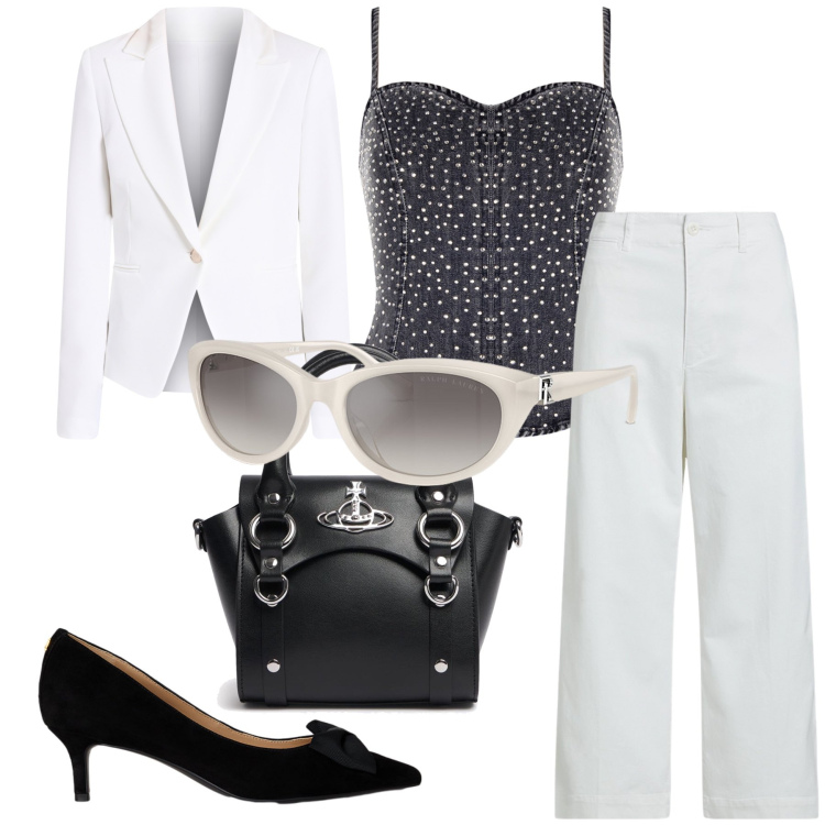 Outfit donna - Tailleur bianco. Stile Chic per Ufficio. Abbinamento con blazer, top, pantaloni, décolleté, occhiali da sole, borse a mano.
