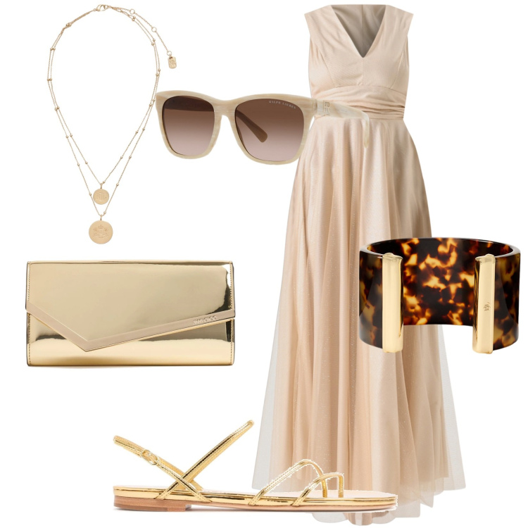 Outfit donna - Cerimonia in spiaggia. Stile Chic per Cerimonia. Abbinamento con vestiti lunghi, ciondoli, occhiali da sole, braccialetti, pochette, sandali in pelle.