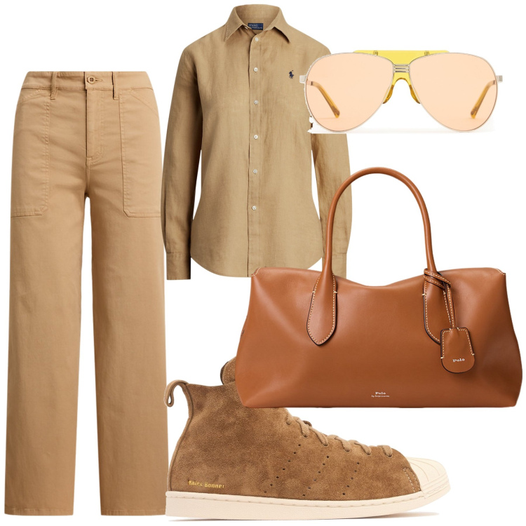 Outfit donna - Sui monti lei lui. Stile Mannish per Tutti i giorni. Abbinamento con camicie, borse a mano, pantaloni, sneakers alte, occhiali da sole.