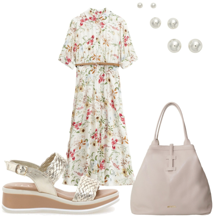 Outfit donna - Esco per fare la spesa. Stile Casual per Tutti i giorni. Abbinamento con vestiti midi/longuette, borse tote, orecchini, sandali.