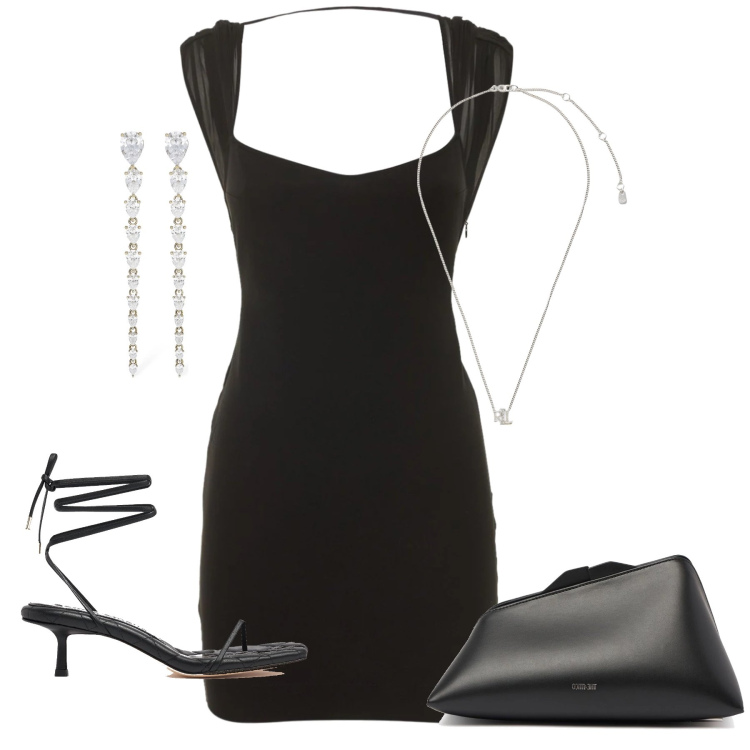 Outfit donna - Elegante di sera. Stile Glamour per Serata fuori. Abbinamento con ciondoli, pochette, orecchini, sandali in pelle, vestiti.