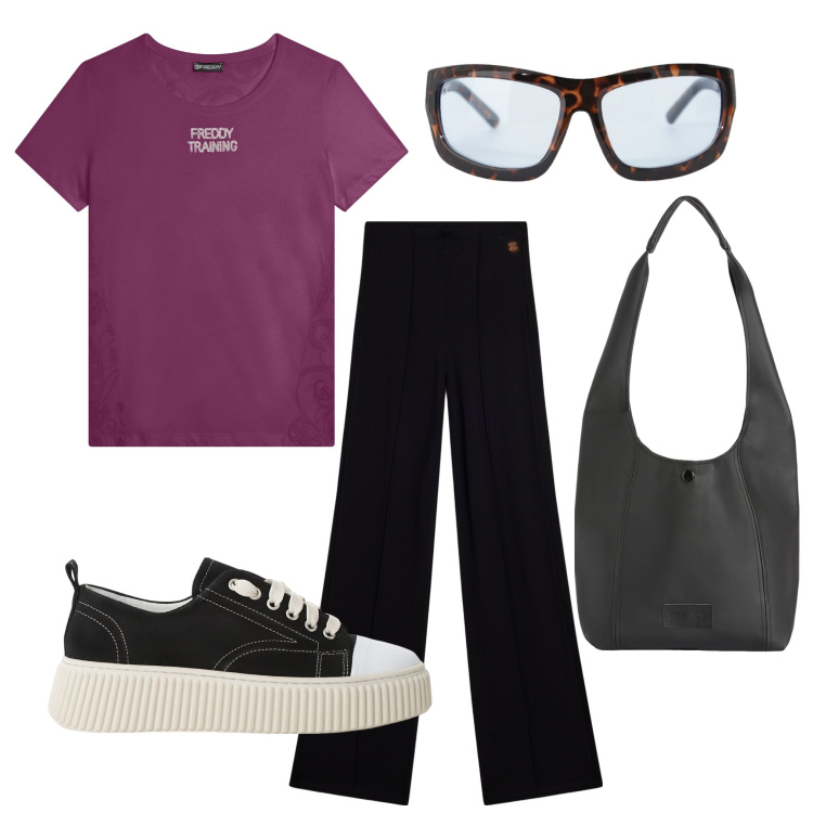Outfit donna - Freddy per uscire. Stile Sporty chic per Tutti i giorni. Abbinamento con sneakers, occhiali da sole, pantaloni, borse a spalla, t-shirt.