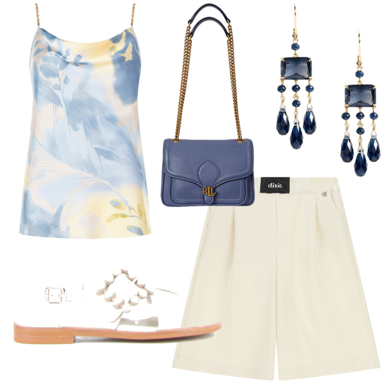 Outfit donna - Estate ai tuoi piedi. Stile Casual chic per Mare. Abbinamento con top, shorts, borse a spalla, orecchini, sandali.