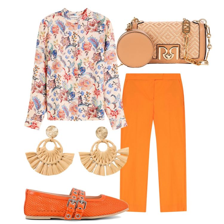Outfit donna - Il tocco estivo. Stile Casual per Tutti i giorni. Abbinamento con orecchini, camicie, borse a tracolla, pantaloni, ballerine.