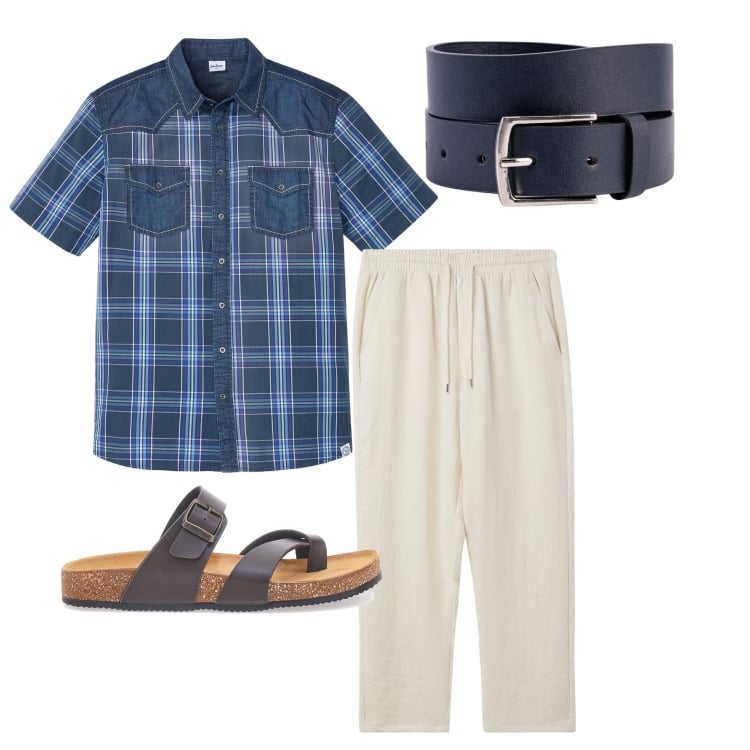 Outfit uomo - Vado a prendere un gelato. Stile Casual per Tutti i giorni. Abbinamento con camicie a manica corta, pantaloni, cinture, sandali.