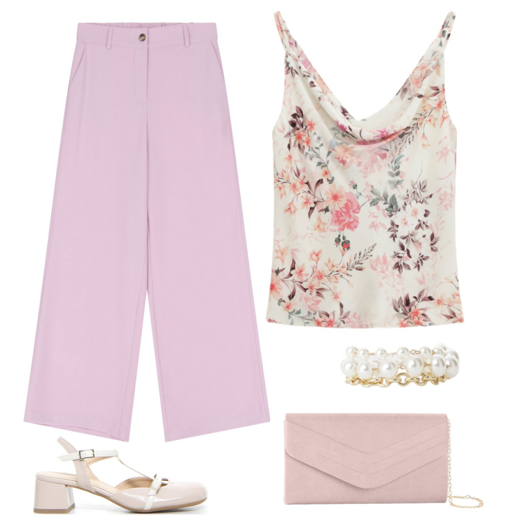 Outfit donna - Romantichic. Stile Chic per Serata fuori. Abbinamento con pochette, canottiere, pantaloni a palazzo, braccialetti, sandali col tacco.