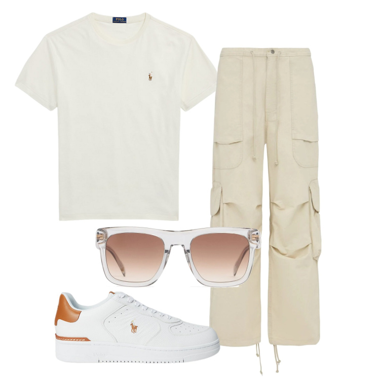 Outfit uomo - Una maglietta bianca. Stile Urban per Tutti i giorni. Abbinamento con sneakers, t-shirt, occhiali da sole, pantaloni cargo.