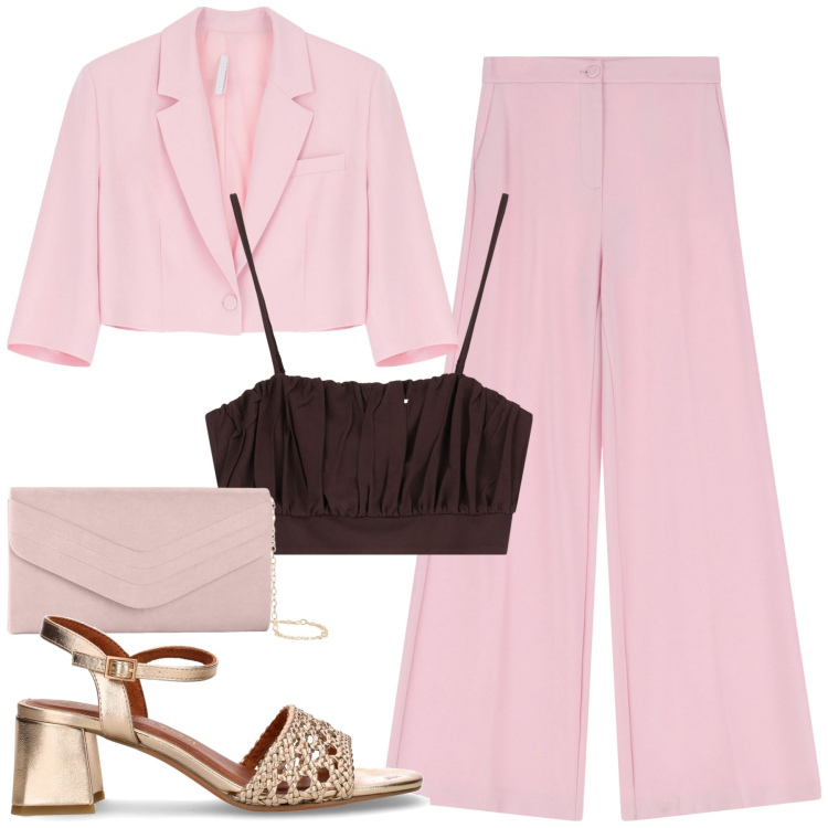 Outfit donna - Estate ai tuoi piedi. Stile Chic per Cerimonia. Abbinamento con pochette, pantaloni, top, blazer, sandali col tacco.
