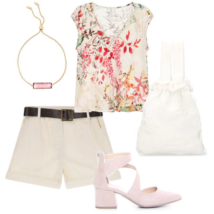 Outfit donna - Chic con il pantaloncino. Stile Romantica per Tutti i giorni. Abbinamento con shorts, top, braccialetti, borse a mano, sandali in pelle.