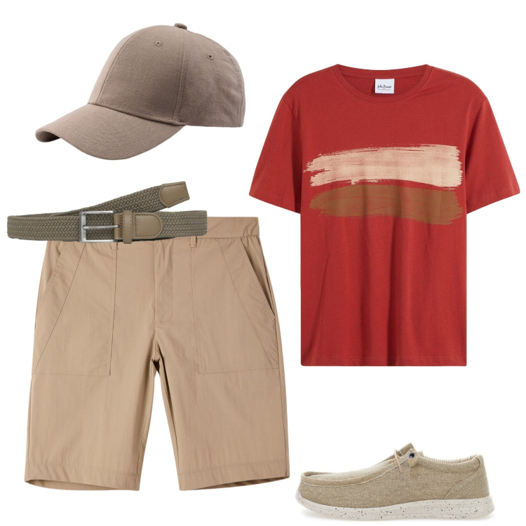 Outfit uomo - Passi comodi. Stile Casual per Tutti i giorni. Abbinamento con t-shirt, pantaloni corti, cinture, scarpe stringate, cappelli con visiera.