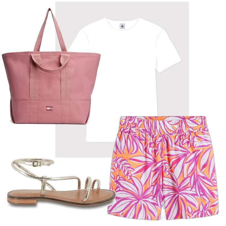 Outfit mujer - Casual look. Estilo Casual para Mar. Combinación con bolso tote, sandalias de piel, shorts, camiseta.