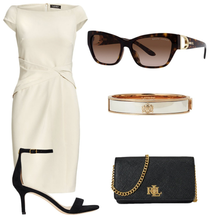 Outfit donna - Sandali estivi. Stile Bon Ton per Serata fuori. Abbinamento con vestiti, borse a tracolla, braccialetti, occhiali da sole, sandali in pelle.