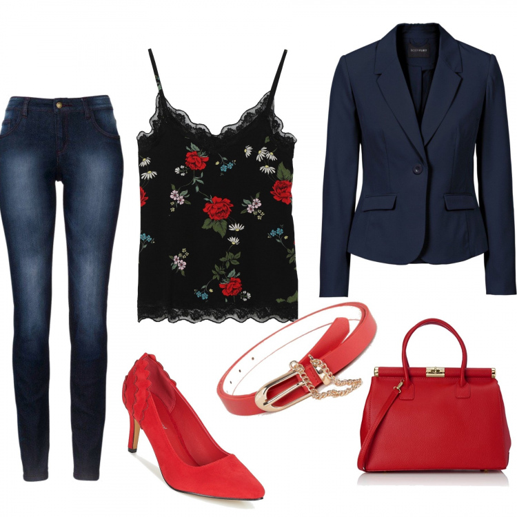 Outfit donna - Sexy ma glamour. Stile Chic per Ufficio. Abbinamento con blazer, jeans skinny, scarpe rosso, canottiera con pizzo e spalline sottili nero, borsa a mano rosso, cintura con catena e fibbia in pelle sintetica lunghezza regolabile.