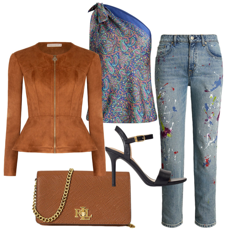 Outfit donna - Total look #2219963. Stile Glamour per Serata fuori. Abbinamento con blazer, borse a tracolla, sandali in pelle, top, jeans boyfriend.