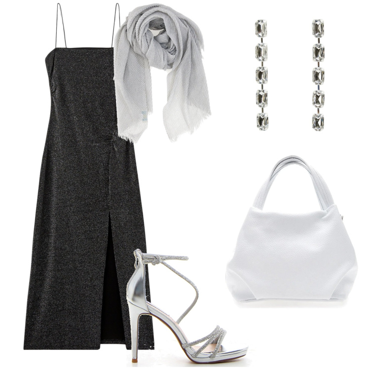 Outfit donna - A cena vista mare. Stile Chic per Serata fuori. Abbinamento con vestiti lunghi, orecchini, foulard, sandali col tacco, borse a spalla.