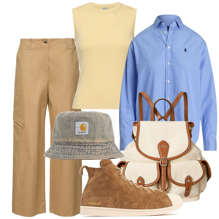 Outfit donna - In vacanza in montagna. Stile Casual chic per Sport. Abbinamento con zaini, camicie, pantaloni cargo, canottiere, cappelli, sneakers alte.