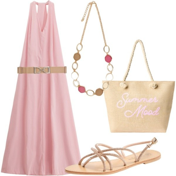 Outfit donna - Serate estive tra amici. Stile Casual chic per Serata fuori. Abbinamento con cinture, sandali, borse tote, vestiti, collane.