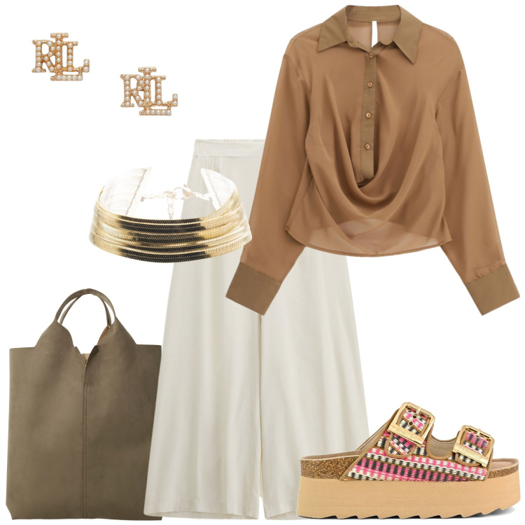 Outfit donna - Comodità estiva. Stile Casual per Tutti i giorni. Abbinamento con camicie, braccialetti, pantaloni, shopping bag, orecchini, sandali.