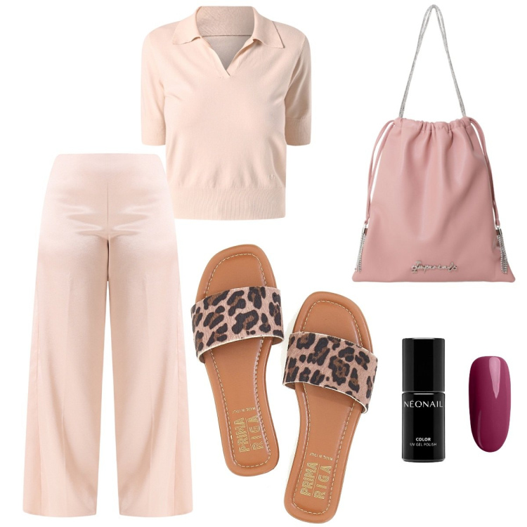 Outfit donna - Beige sabbia. Stile Casual per Tutti i giorni. Abbinamento con smalti, polo, pantaloni a palazzo, borse a secchiello, ciabatte.
