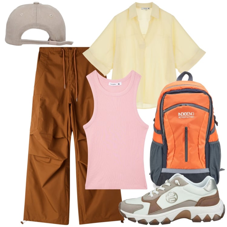 Outfit donna - In vacanza in montagna. Stile Sporty chic per Sport. Abbinamento con pantaloni cargo, cappelli, top sportivi, camicie a manica corta, sneakers, zaini.